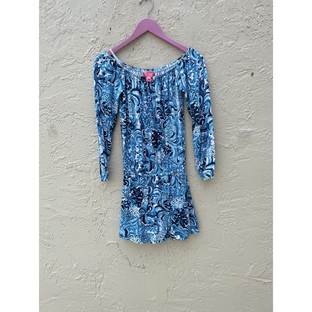 Lilly Pulitzer Blue Floral Paisley Off The Shoulder Long Sleeve Romper XXS - Picture 2 of 5